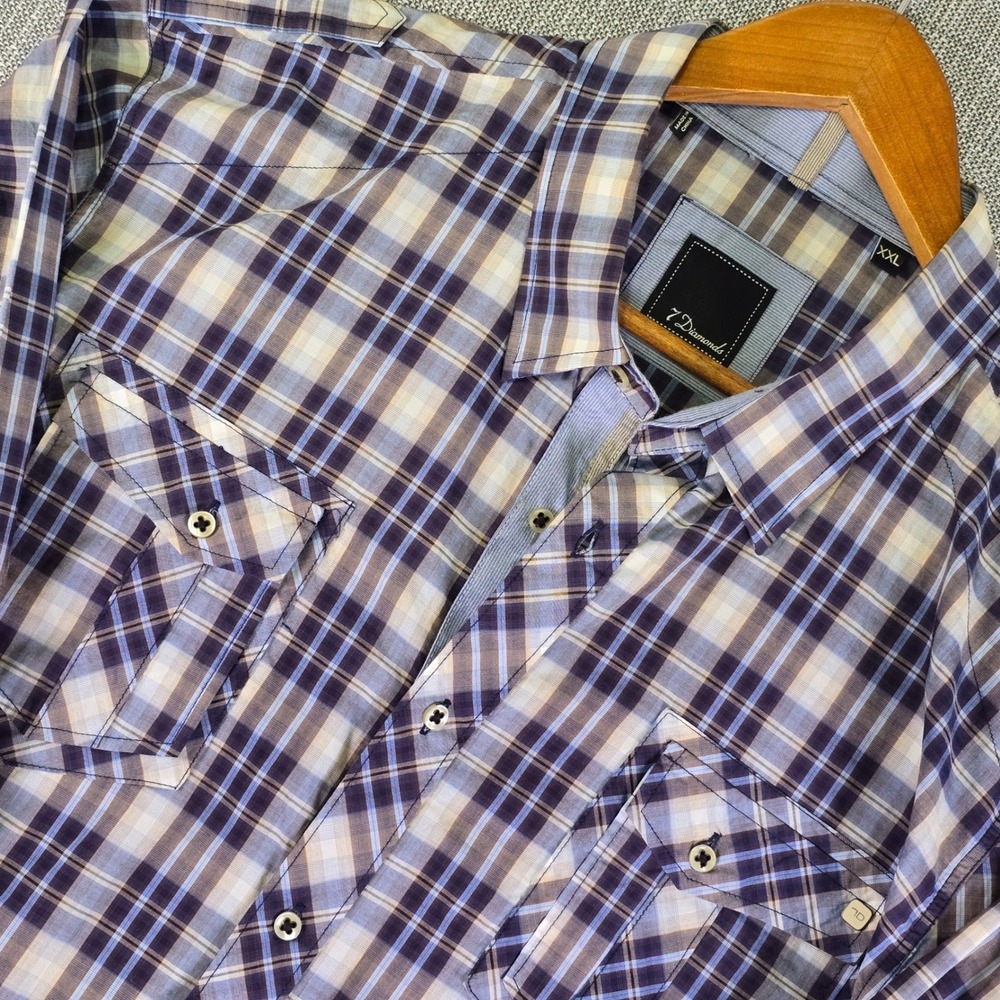 7 Diamonds Way Out West Shirt Mens XXL Blue Plaid Long Sleeve Contrast Flip Cuff